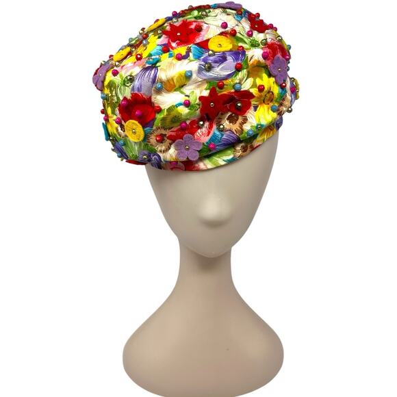 Vintage 1960s Womens Floral Mod Hat Beaded Applique Rozanne NY main image 8